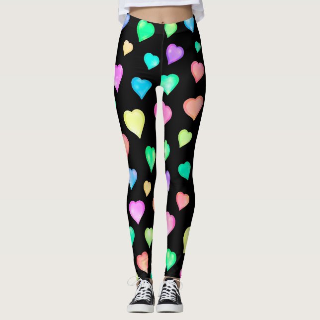 Black Colourful Hearts Pattern Leggings (Front)