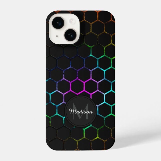 Black colourful honeycomb geometry pattern Monogra iPhone Case (Back)