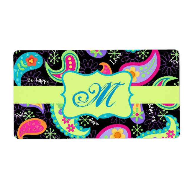 Black Colourful Modern Paisley Pattern Monogram (Front)