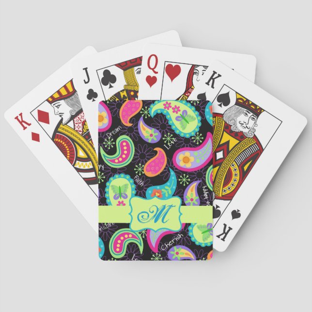 Black Colourful Modern Paisley Pattern Monogram Playing Cards (Back)