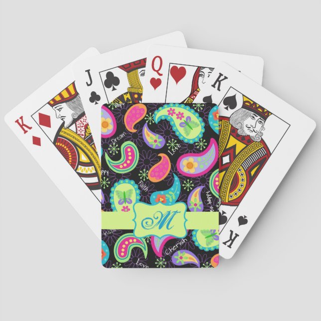 Black Colourful Modern Paisley Pattern Monogram Playing Cards (Back)