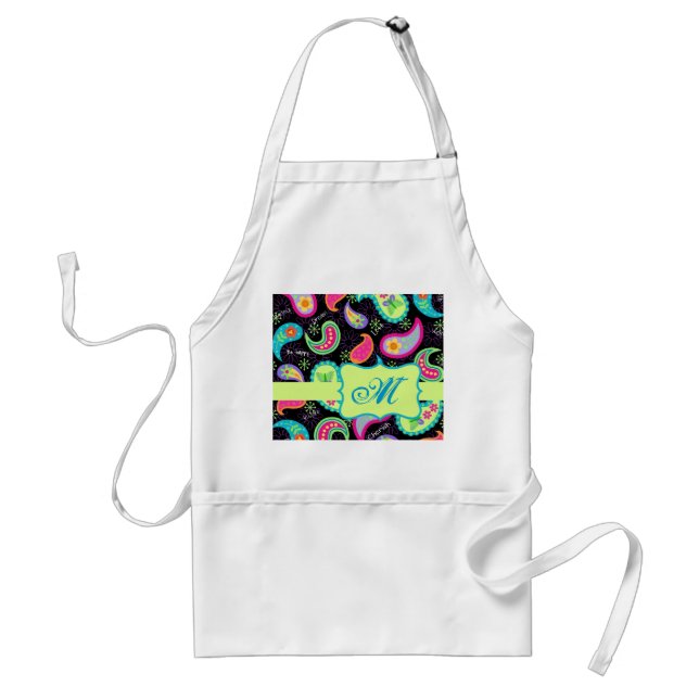 Black Colourful Modern Paisley Pattern Monogram Standard Apron (Front)