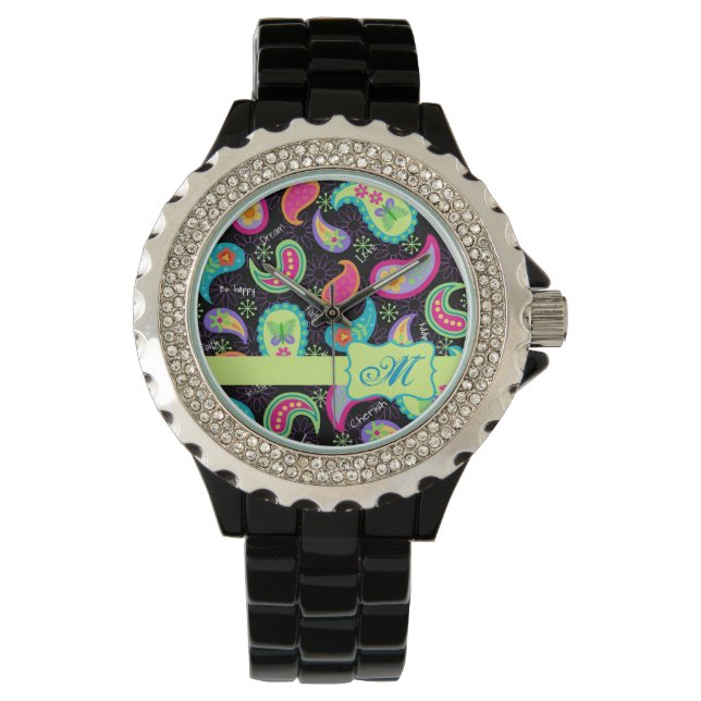 Black Colourful Modern Paisley Pattern Monogram Watch (Front)