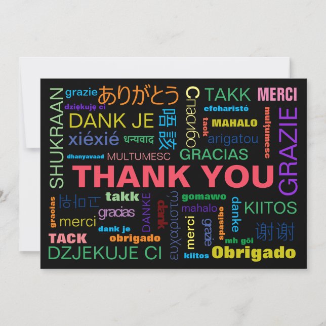 Black Colourful Multilingual  Typography Flat Thank You Card (Front)