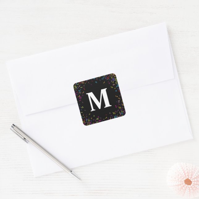 Black Colourful Music Note Monogram Musician Square Sticker (Envelope)