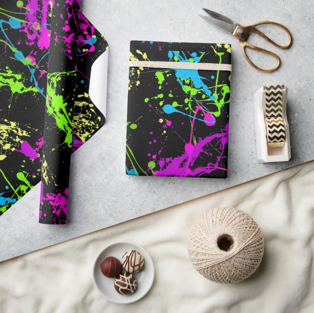 Black Colourful Neon Paint Splatter Pattern Wrapping Paper (Crafts)
