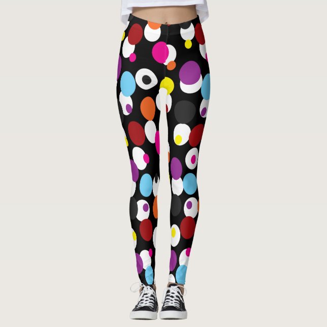 Black Colourful Polka Dots Surface Pattern Design Leggings (Front)