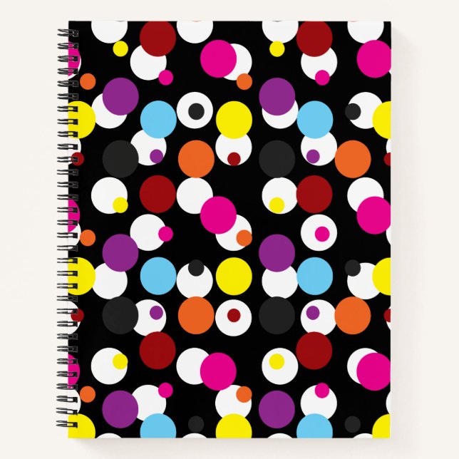 Black Colourful Polka Dots Surface Pattern Design Notebook (Front)