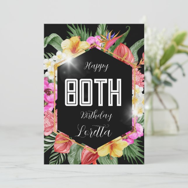 Black Colourful Tropical Flowers 80th Birthday Car Holiday Card (Standing Front)