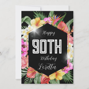 Black Colourful Tropical Flowers 90th Birthday Car Holiday Card