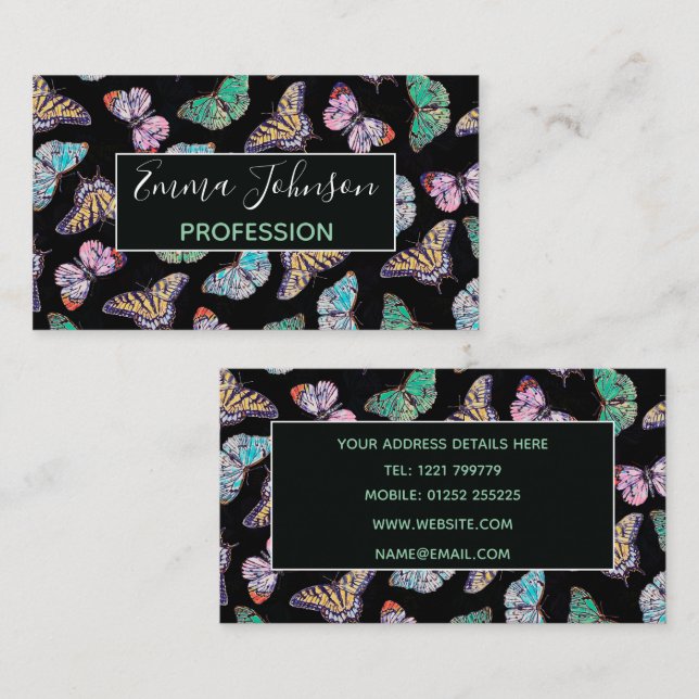 Black Colourful Watercolor Butterflies Business Card (Front/Back)