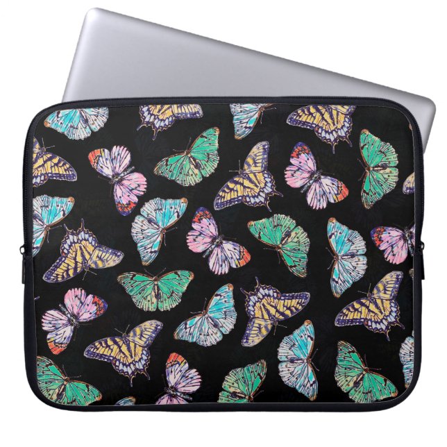 Black Colourful Watercolor Butterflies Laptop Sleeve (Front)