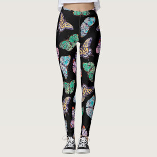 Black Colourful Watercolor Butterflies Leggings