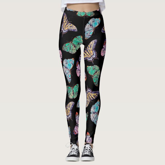 Black Colourful Watercolor Butterflies Leggings (Front)