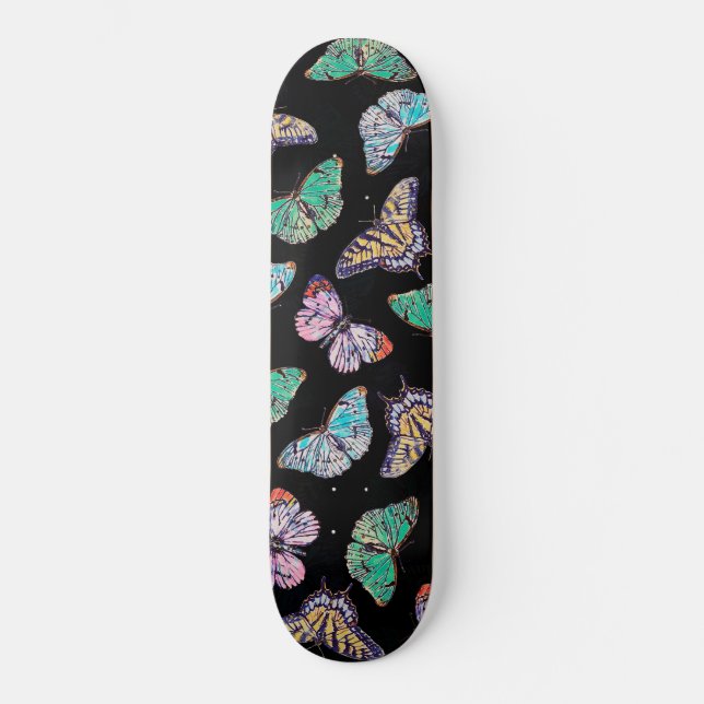 Black Colourful Watercolor Butterflies Skateboard (Front)