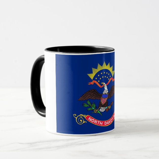 Black Combo Mug with flag of North Dakota, USA (Front Left)