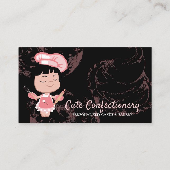 Black Confectionery Baker Girl Pastry Chef Business Card (Front)