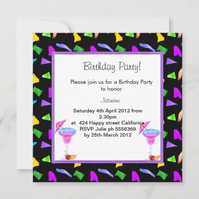 black confetti BIRTHDAY PARTY INVITATION (Front)
