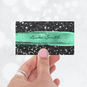 Black Confetti Glitter Mint Green Brush Strokes Business Card