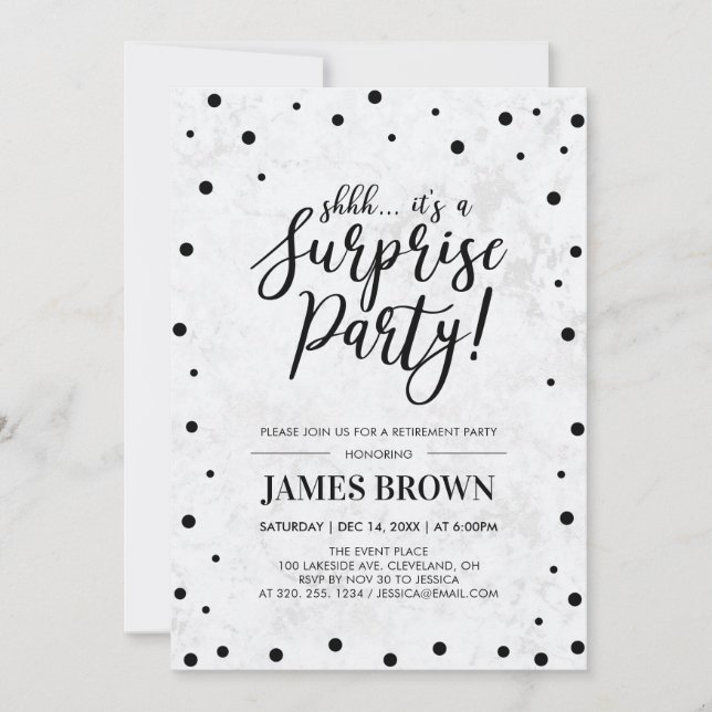 Black Confetti & Marble Surprise Retirement Party Invitation (Front)