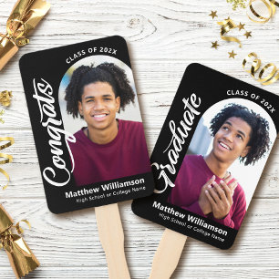Black Congrats Grad 2 Photo Arch Bold White Script Hand Fan