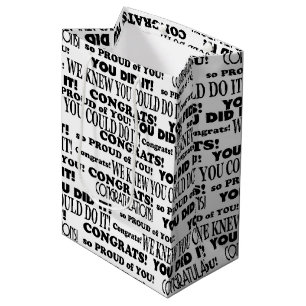Black Congratulations Text Pattern on White Medium Gift Bag
