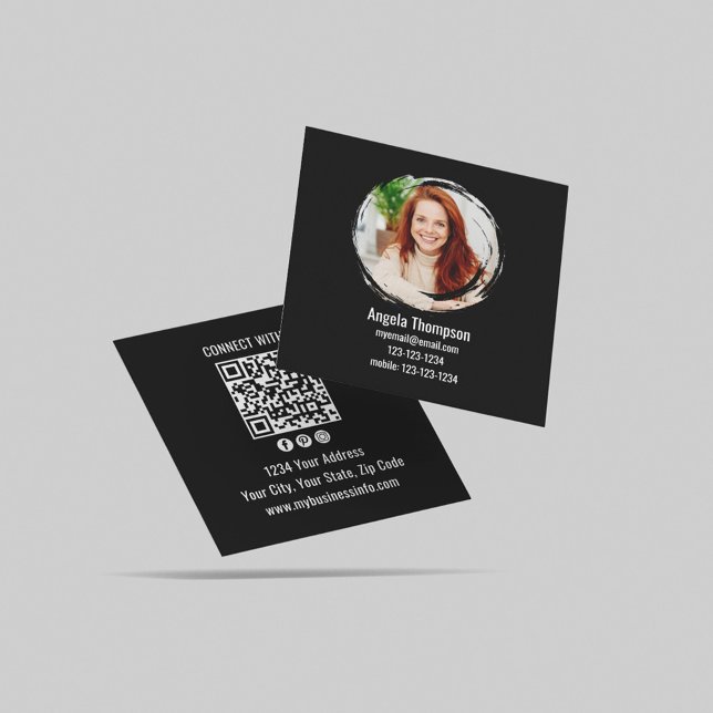 Black Connect with Me Photo QR Code  Square Business Card (Black and white photo business card template.)