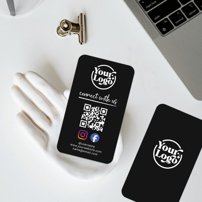 Black Connect With Us QR Code Logo Social Media  Business Card (Creator Uploaded)