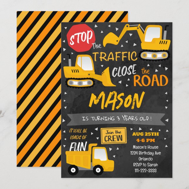 Black Construction Vehicles Birthday Invitation (Front/Back)