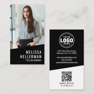 Black Contemporary Photo QR Code Logo Vertical Business Card