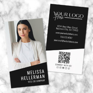 Black Contemporary Photo QR Code Logo Vertical Business Card