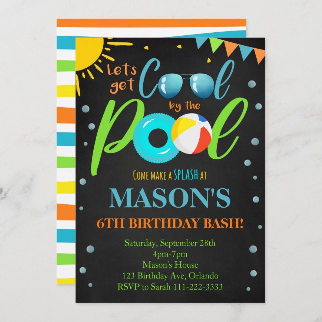 Black Cool Pool Party Birthday Invitation (Front/Back)