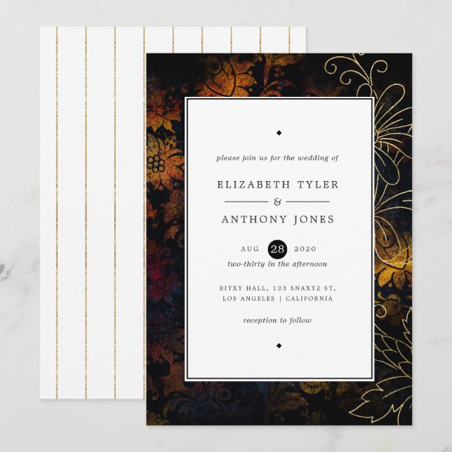 Black, Copper and Gold Vintage Damask Wedding Invitation (Front/Back)