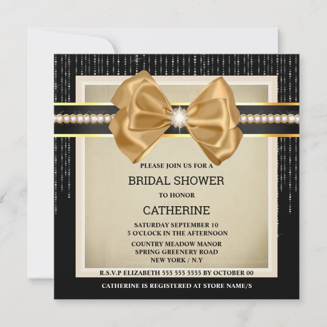 Black copper bow diamond shimmer glitter glow invitation (Front)