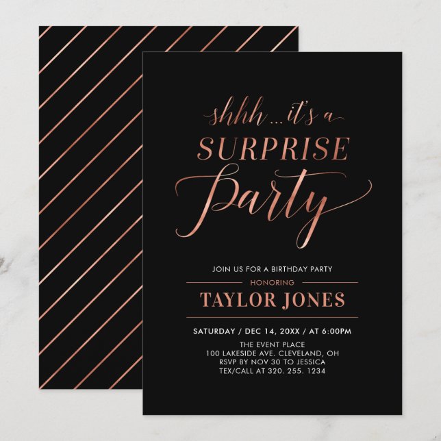 Black & Copper | Modern Surprise Birthday Party Invitation (Front/Back)