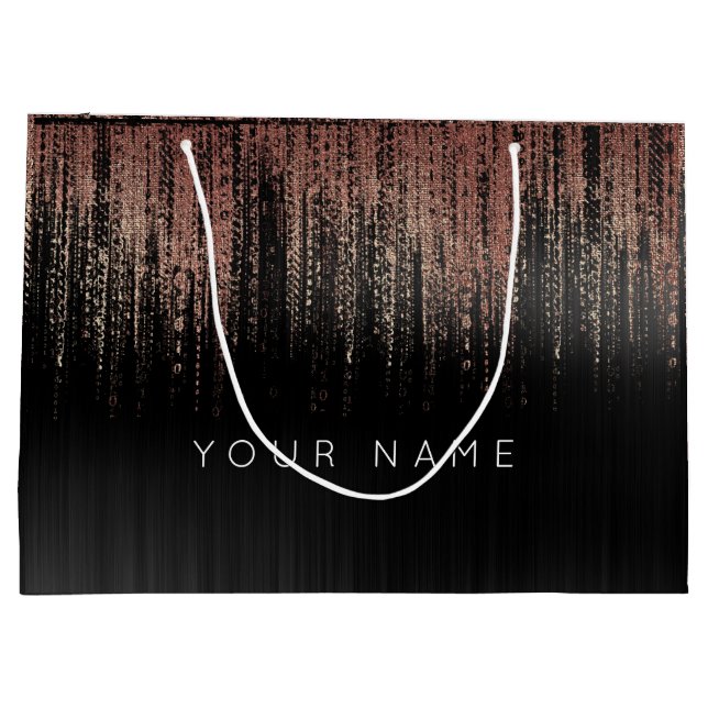 Black Copper Rose Gold Name Favor Glam Matrix Rain Large Gift Bag (Back)