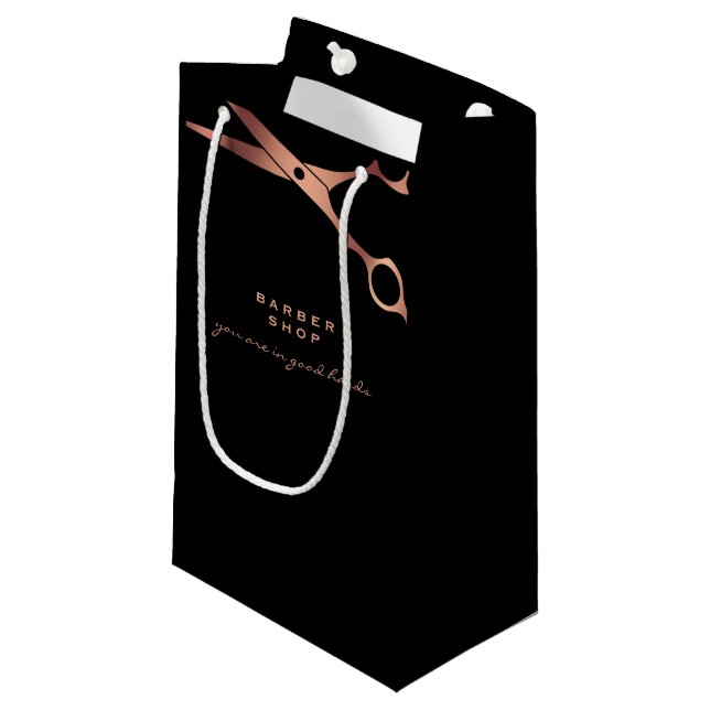 Black Copper Scissors Logo Business Small Gift Bag (Front Angled)