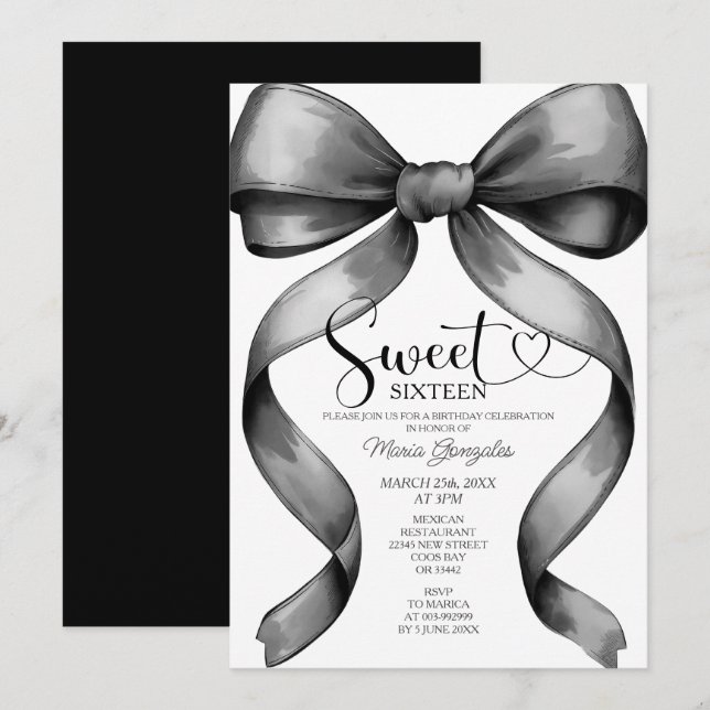 Black Coquette Bow 16th Birthday Invitation  (Front/Back)
