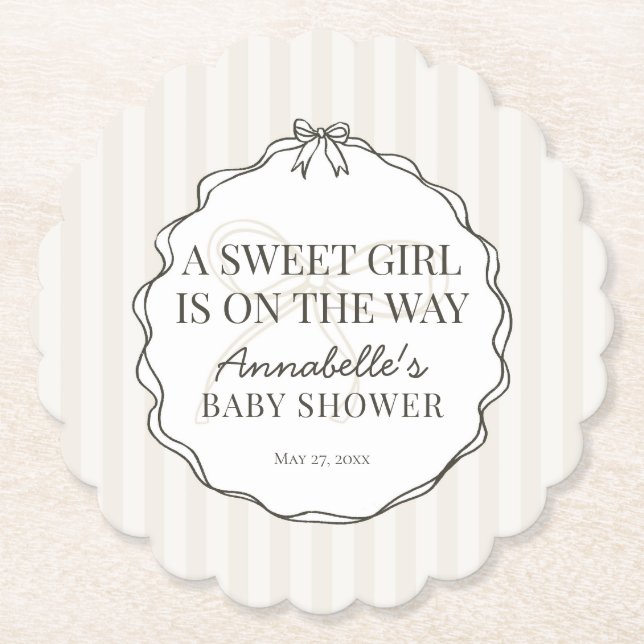 Black Coquette Bow Beige Baby Shower  Paper Coaster (Front)