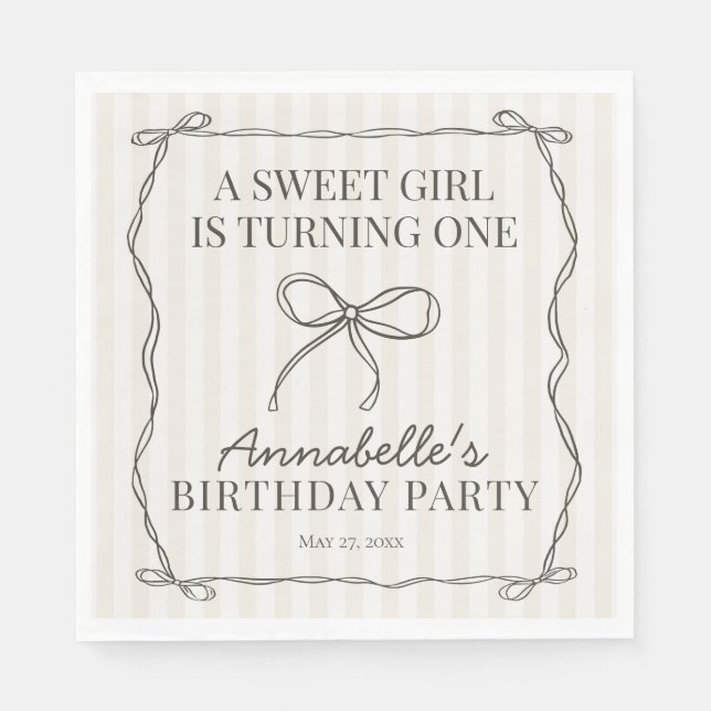 Black Coquette Bow Beige Birthday Party Table Deco Napkin (Front)