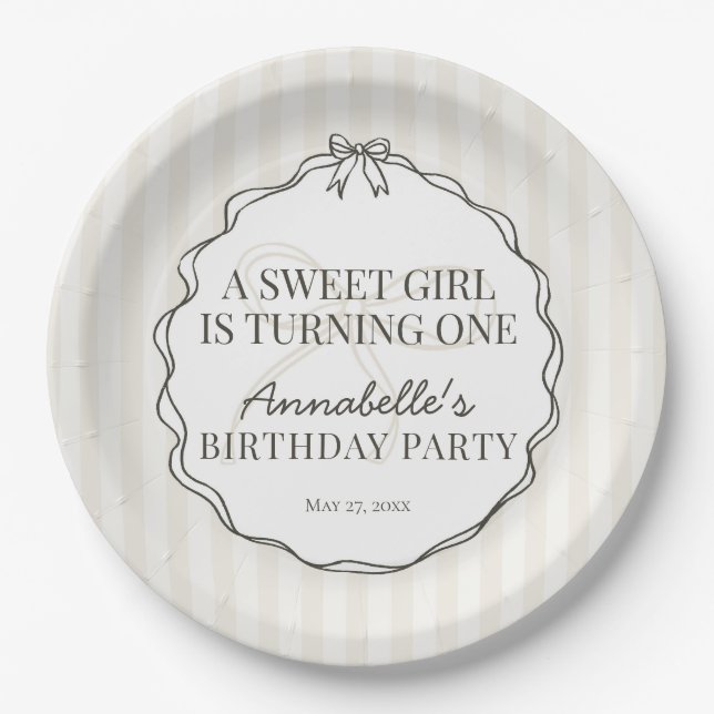 Black Coquette Bow Beige Birthday Table Decor Paper Plate (Front)