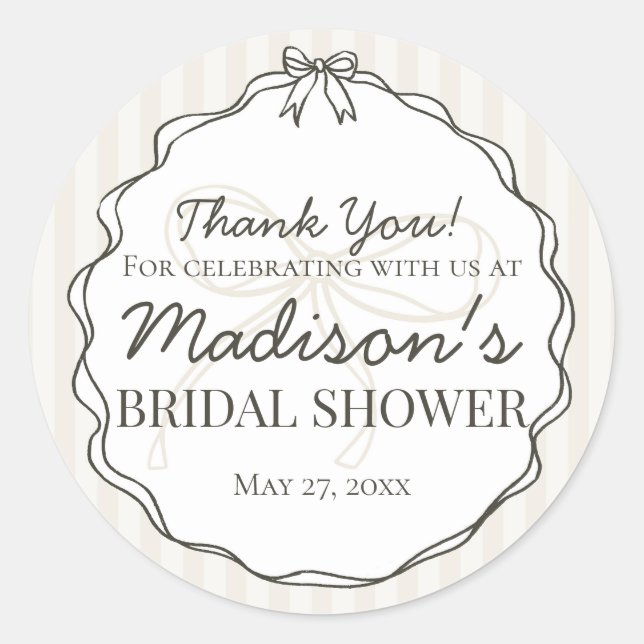 Black Coquette Bow Beige Bridal Shower Favour Classic Round Sticker (Front)