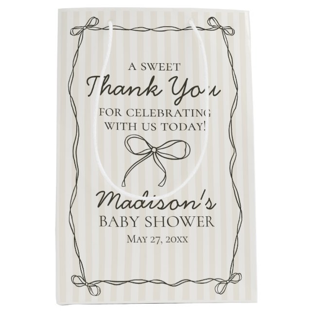 Black Coquette Bow Beige Striped Baby Shower Favou Medium Gift Bag (Front)