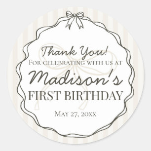 Black Coquette Bow Beige Striped Birthday Favor Classic Round Sticker