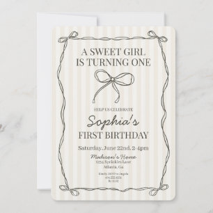 Black Coquette Bow Beige Striped Birthday Party Invitation