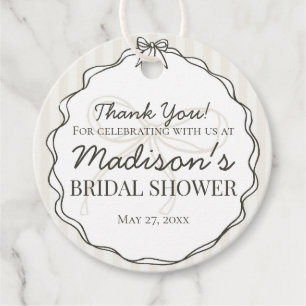 Black Coquette Bow Beige Striped Bridal Shower Favour Tags