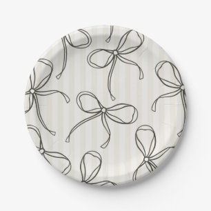 Black Coquette Bow Beige Striped Table Decor Paper Plate