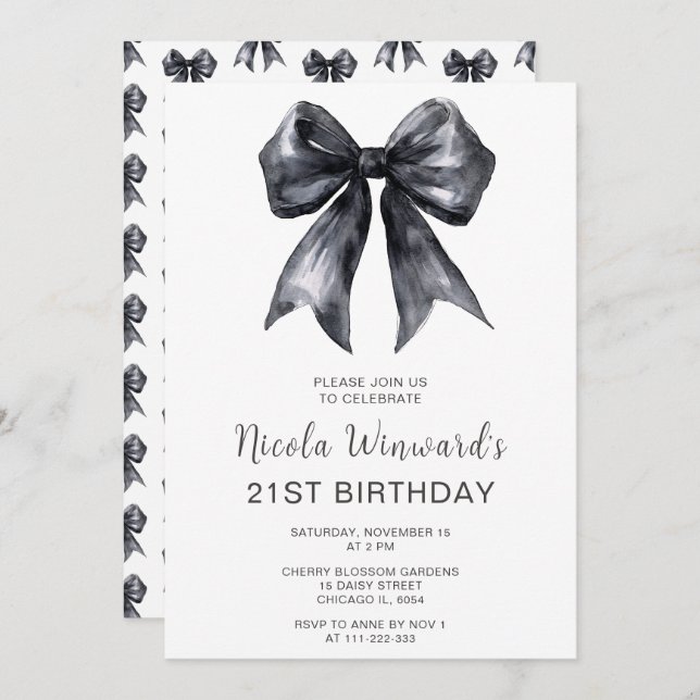 Black Coquette Bow Birthday Party Invitation (Front/Back)