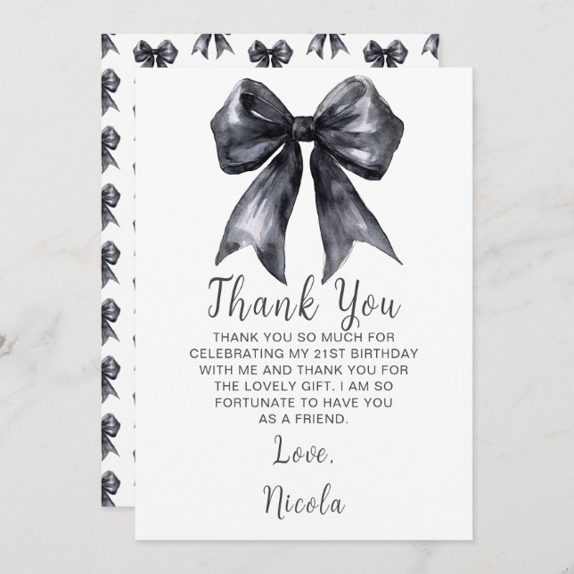 Black Coquette Bow Birthday Party Thank You Card (Front/Back)