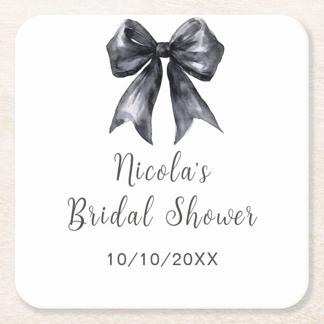Black Coquette Bow Bridal Shower Square Paper Coaster (Front)
